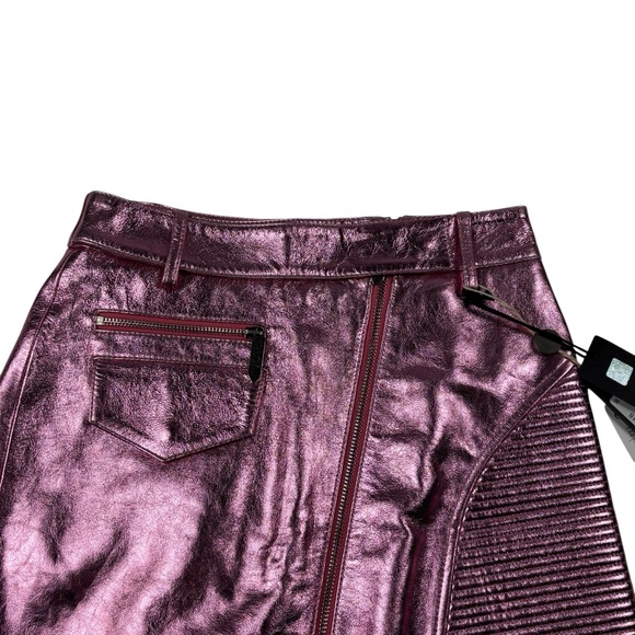 JUST CAVALLI METALLIC PINK LEATHER RIBBED HIGH WAIST MINI MOTO SKIRT - Picture 6 of 15